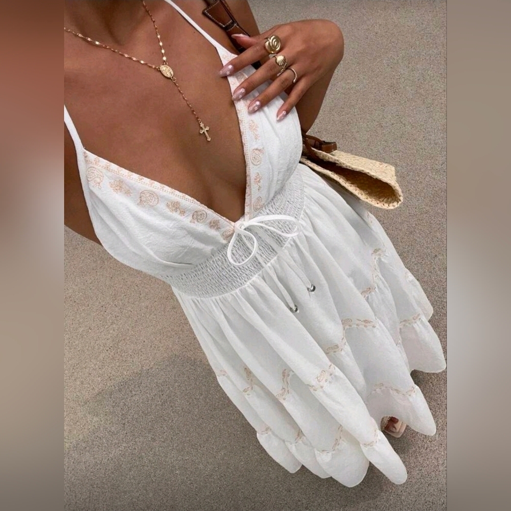 New Boho Embroidered Tie Halter Tiered Maxi Dress White Tan - Picture 4 of 11